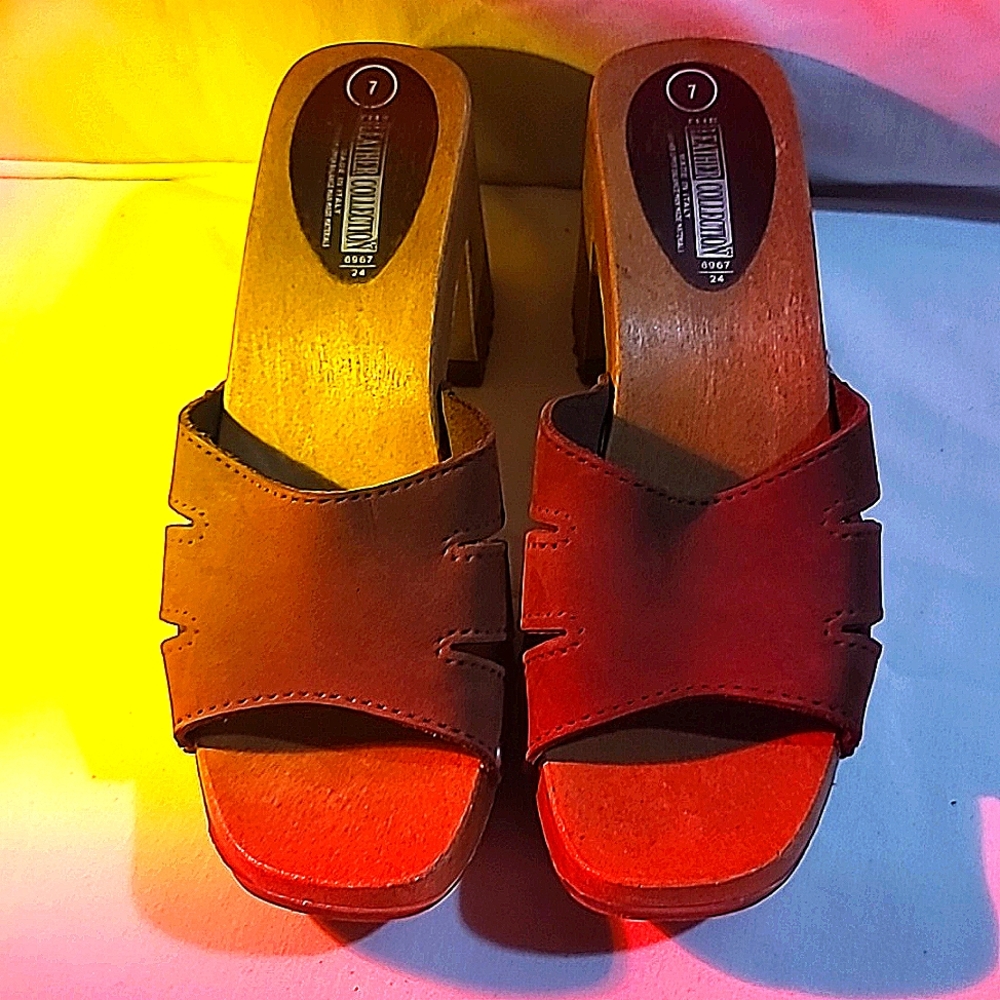 Vintage-THE LEATHER COLLECTION Wooden Clog sz.7 Chocolate Brown